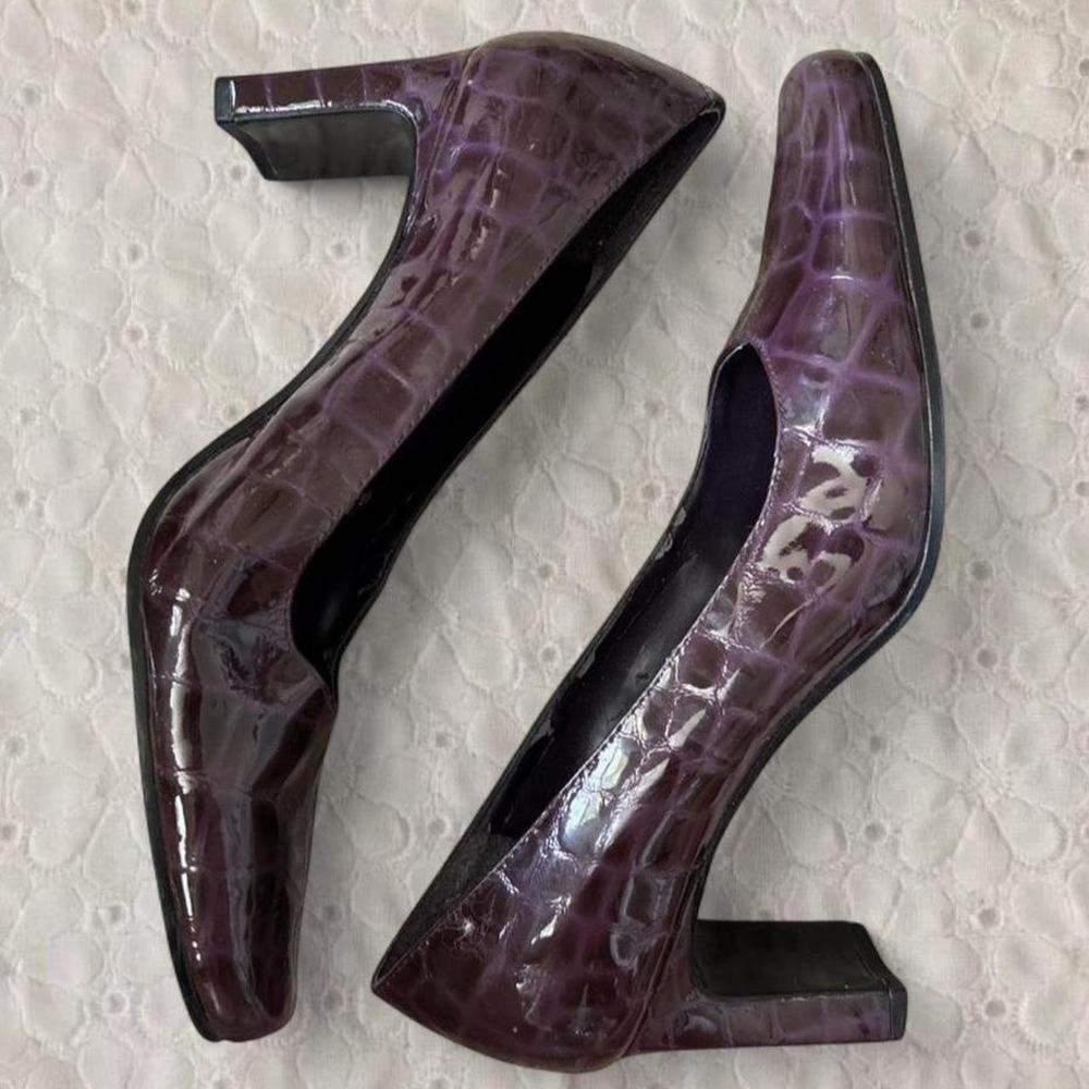 Bandolino Purple Croc Embossed Patent Leather Square Toe Block Heel Pumps 7M